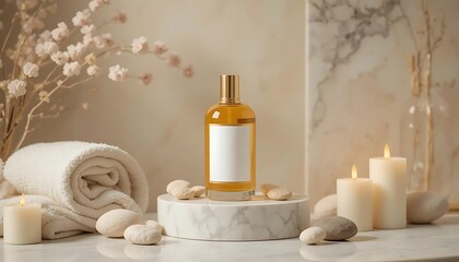 A luxurious spa display with a bottle featuring a clean, white label.