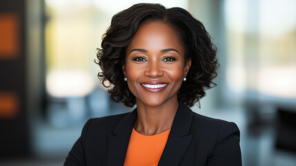 smiling African American businesswoman in modern office setting, exuding confidence and professionalism. Her curly hair frames her face beautifully.