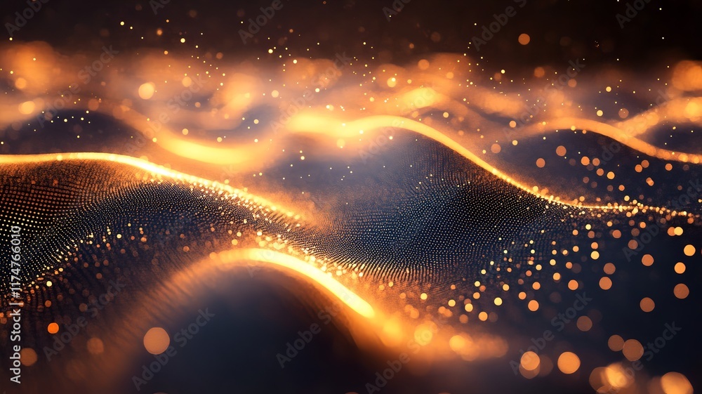 Poster captivating digital design featuring dynamic shimmering waves of light and mesmerizing particle effe