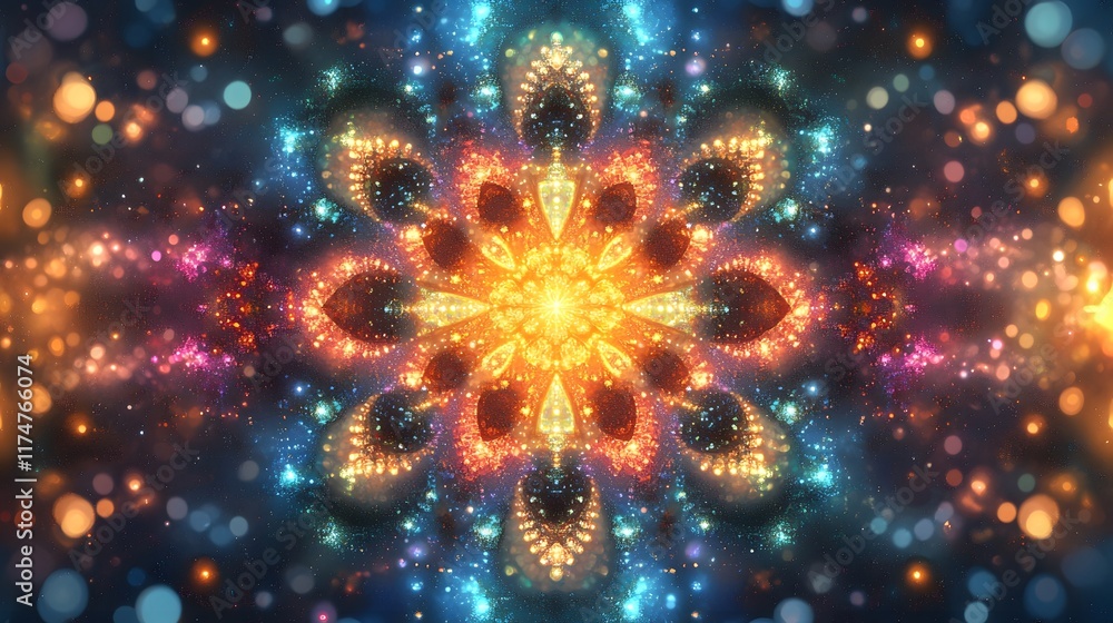 Aufkleber mesmerizing kaleidoscopic explosion of vibrant colorful light bursts glowing particles and dynamic r