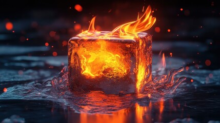 fire and ice, flaming ice cube, elemental contrast, melting ice, burning flame, surreal composition, glowing embers, reflective surface, dark background, dramatic lighting, high detail, photorealistic