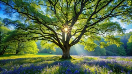 Obraz premium Majestic ancient tree bathed in sunlight, surrounded by a vibrant field of wildflowers, symbolizing nature's serene beauty and the passage of time.