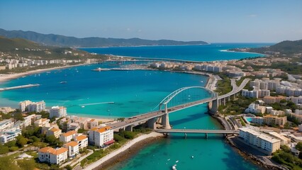 Fototapeta premium Scenic View Of The Picturesque Coastal Cityscape With Picturesque Bridge And Turquoise Waters 
