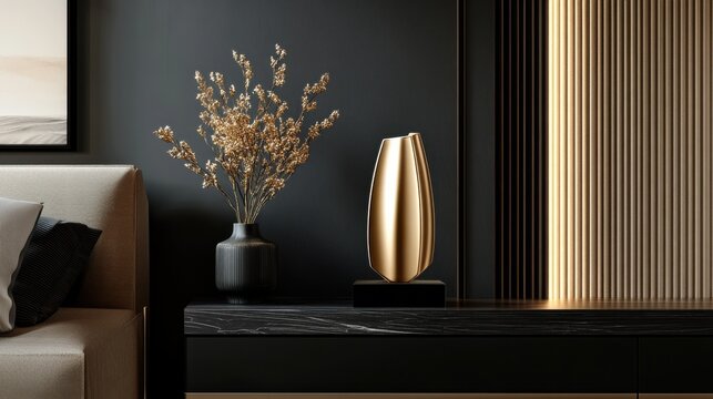 A modern gold trophy displayed on a sleek black pedestal
