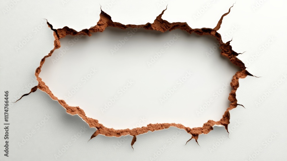 Poster cracked surface reveal: a circular hole in a textured surface, revealing a smooth, pristine white vo