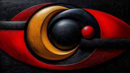 A collection of abstract artworks featuring bold geometric shapes in red, black, and gold tones. The textured details and striking contrast create a captivating visual effect.