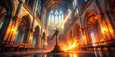 Fototapeta premium Blazing Sword: Architectural Gothic Fantasy Photo