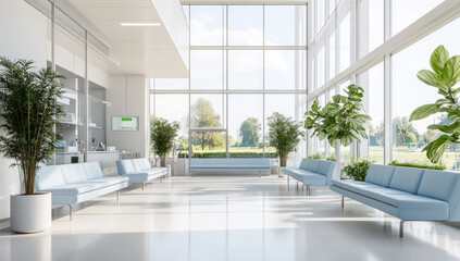 Fototapeta premium Modern bright waiting room with light blue sofas, large windows, and potted plants.