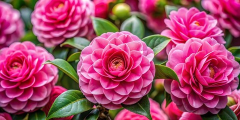Obraz premium Blooming Pink Camellia Flowers Close-Up, Vibrant Pink Petals, Full Bloom, Delicate Floral Composition, Nature Photography