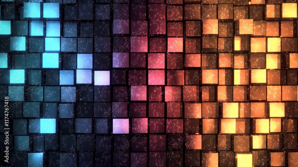 Poster vibrant geometric mosaic digital art with gradient colored squares and blocks abstract futuristic pa