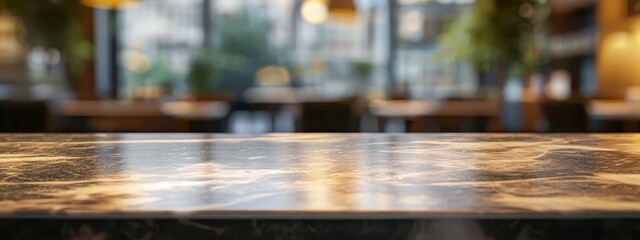 Obraz premium Wooden table surface, blurred restaurant background, warm glowing lights, bokeh effect, intimate atmosphere, cozy dining setting, soft focus, evening ambiance, rustic decor, empty tabletop, reflective