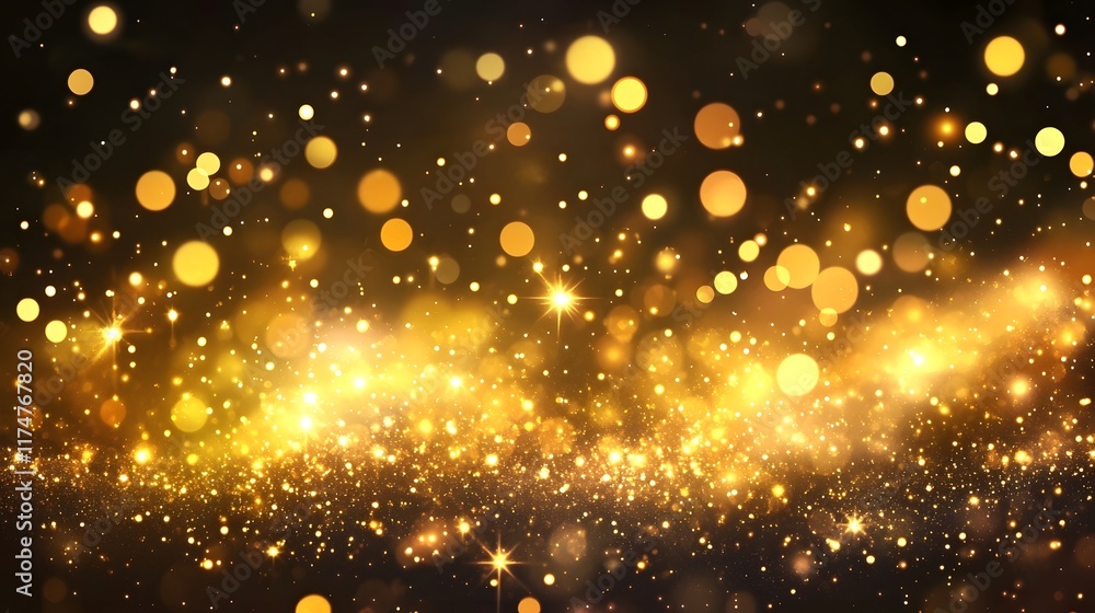 Poster abstract background with shimmering golden sparkles and glittering particles against a dark backdrop