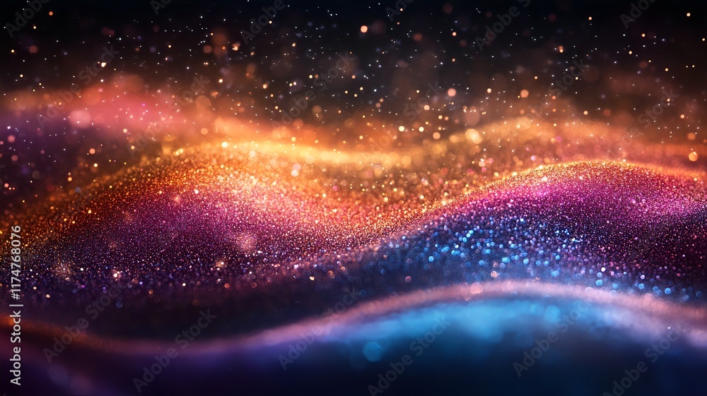Poster captivating cosmic interstellar nebula with luminous glittering waves and colorful gradient shimmeri