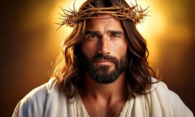 A highly detailed 3D close-up portrait of Jesus Christ, with a serene expression, wearing a flowing white robe and a crown of thorns