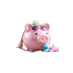 Piggy bank on beach vacation; saving for travel.