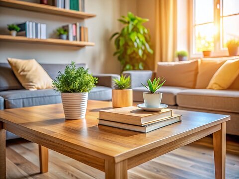 Blurred Empty Table with Books, Plant, Modern Living Room - Stock Photo