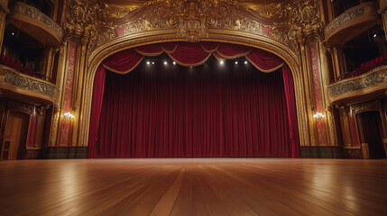 Empty stage in an old opera house with red velvet curtains