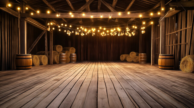Empty stage inside a rustic barn with weathered wooden floorboards and string lights hanging across the ceiling - Powered by Adobe