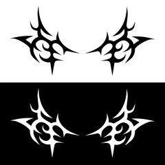 A symmetrical tribal tattoo design in black and white variations.