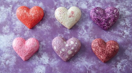 Obraz premium A flat lay of textured handmade hearts on a sleek violet background, perfect for Valentine's Day cards or love-themed visuals.