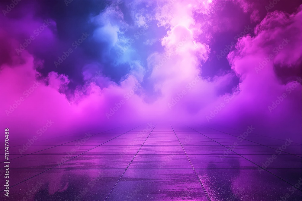 Poster abstract image of vibrant purple and blue fog clouds floating above reflective tiled floor. atmosphe