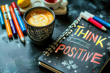 Notebook, pen, coffee cups, markers
