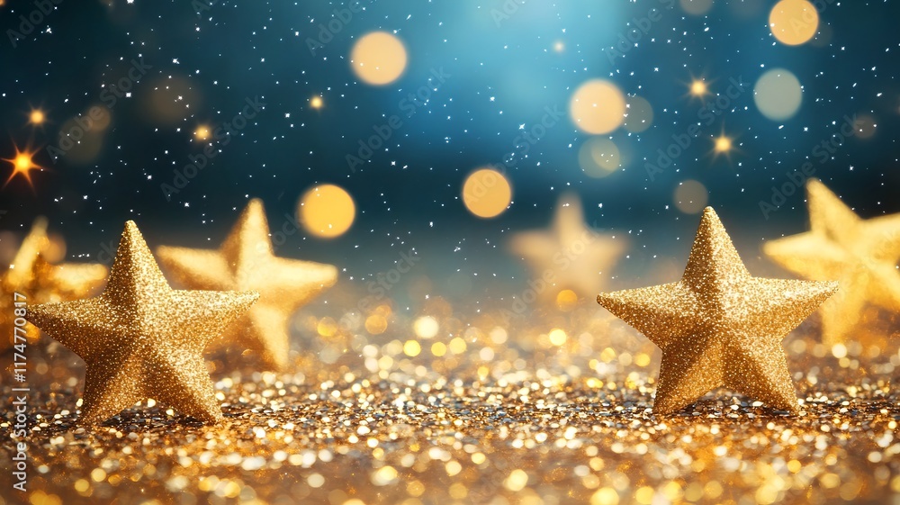 Aufkleber sparkling golden stars against a glittery shimmering backdrop creating a dazzling luminous display p