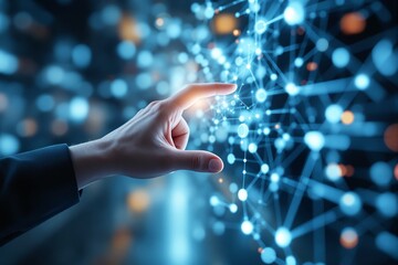 A hand touching glowing network nodes, futuristic digital style, blurred blue background, concept of innovation, connectivity, technology. Ai generative