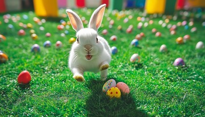joyful white rabbit bounding across a lush green grass field, surrounded by a variety of colorful Easter eggs, embodying the cheerful spirit of the holiday