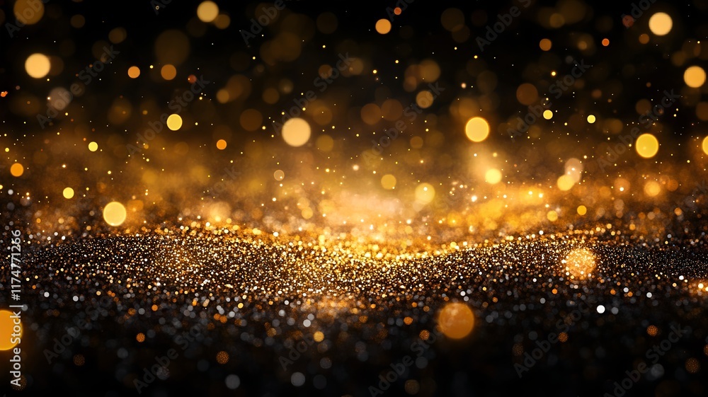 Poster shimmering golden glitter and sparkling lights on dark background creating an abstract dazzling and 