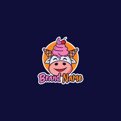 ice cream cow mascot logo, A playful logo design featuring a smiling cow character with pink soft-serve ice cream and a cherry on its head, styled to resemble horns made of waffle cones.
