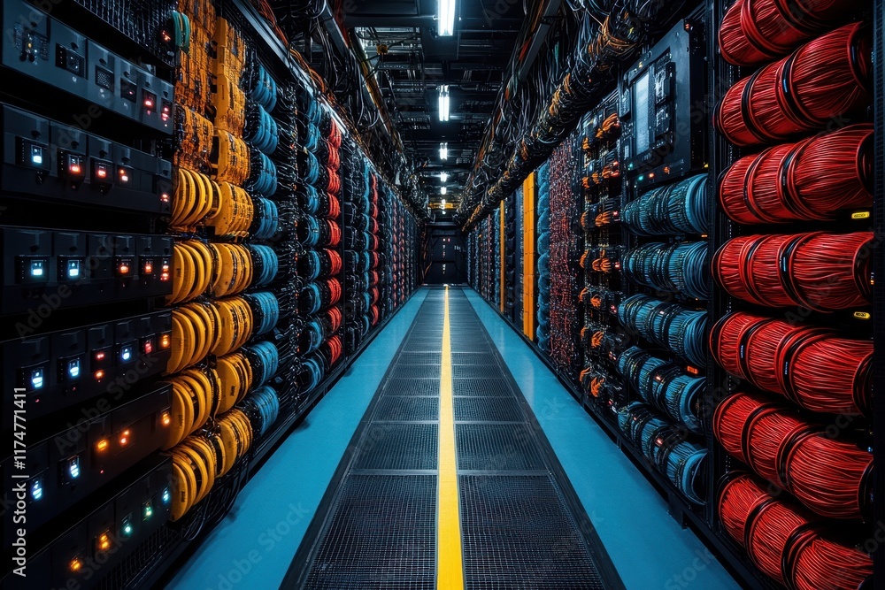 Poster high-tech server room filled with colorful network cables and equipment in a data center