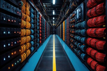 High-tech server room filled with colorful network cables and equipment in a data center