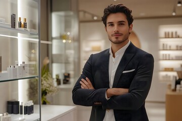 Fototapeta premium Confident Modern Shop Owner in Sleek Boutique with Premium Products on Display