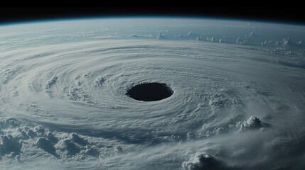 A hurricane's eye over the ocean, surrounded by intense cloud formations and rainbands spiraling outward toward the horizon.