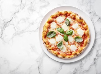 Overhead photo of a delicious Neapolitan pizza with mozzarella and basil on top, placed in the middle of a white marble table. The background is a clean and simple marble surface. This scene has soft