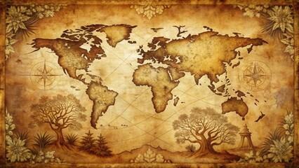 Fototapeta premium An Antique World Map Depiction Featuring Ancient Trees, Compass Roses, and Ornate Botanical Details on Aged Parchment