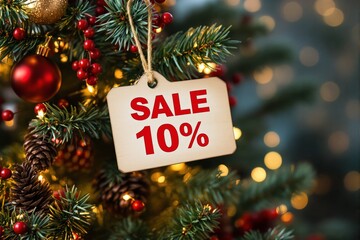 Christmas tree adorned with ornaments and a wooden sale tag, festive background, warm lighting, concept of holiday discounts. Ai generative