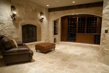 Elegant Wine Cellar With Leather Seating And Stone Walls