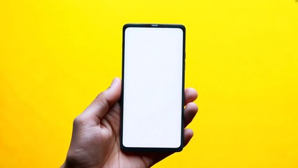 yellow screen colour holding smartphone less black frame background hand modern design blank phone technology mobile hand hold holding screen isolated contraption blank smartphone phone device
