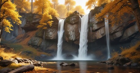 Stunning waterfall surrounded by golden trees in autumn forest, serene, nature