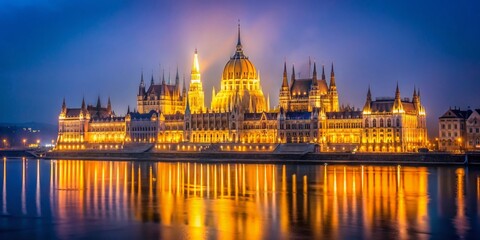 Naklejka premium Budapest Night View: Illuminated Danube River & Parliament Building