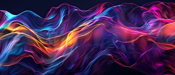 Obraz premium fondo abstracto. Representación 3D de ondas sonoras, color púrpura y naranja sobre un fondo negro, formas orgánicas fluidas, diseño ondulado y fluido, colores degradados