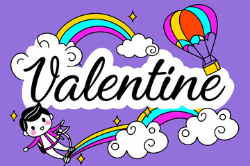 Cute Valentine's Day Character Rainbow Hot Air Balloon Design - Hand-drawn Illustration.