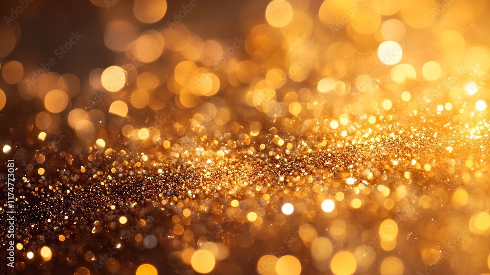 Poster shimmering golden glitter texture backdrop with vivid bokeh lights creating a dazzling luxurious and
