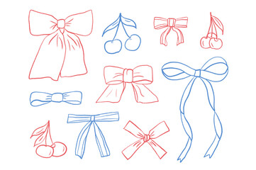 Crayon drawing bow tie and ribbons in butterfly shape set. Christmas coquette aesthetic collection. Chalk band and cherry vector illustration isolated on white background.