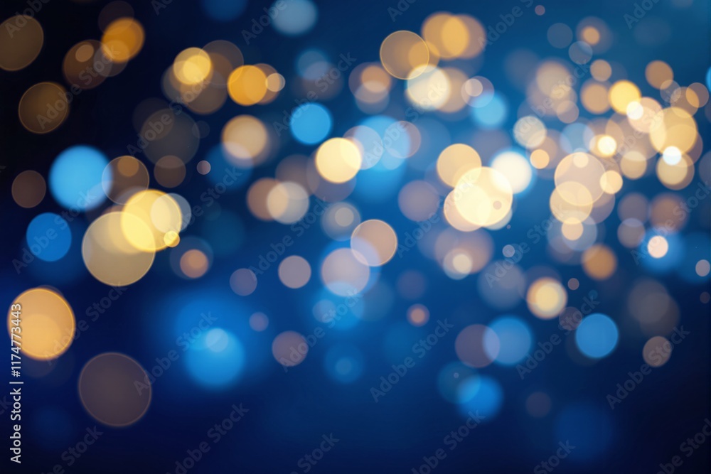 Poster abstract bokeh lights in golden and blue tones on a dark background, creating a dreamy and festive a