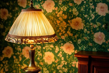 Antique Lamp Illuminates Floral Wallpapered Room
