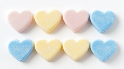 Obraz premium A neat arrangement of heart-shaped chewy candies in pastel shades, isolated on a white background, evoking sweetness and love.