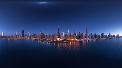 Fototapeta premium A panoramic aerial shot of Chicago's skyline at night, the skyscrapers glowing brilliantly against the dark horizon, with urban life below.